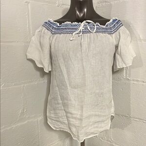 Lauren White and Blue Off-Shoulder Top Embroidered Short Sleeve
